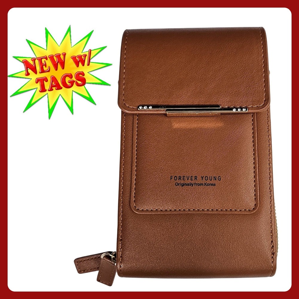 Forever Young Phone Bag Women Clear Window Wallet Wristlet Brown Fax Leather NWT